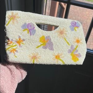 Tiana NY Beaded Floral Clutch Bag - Ivory with Pastel Flowers